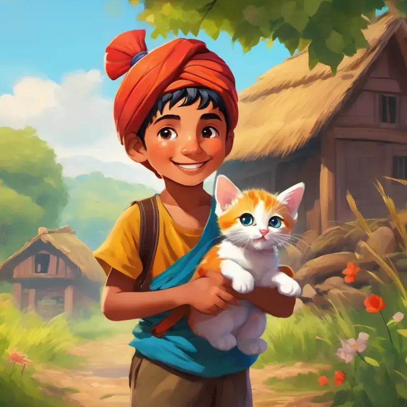 Young boy with a kind smile, bright eyes, and a colorful turban's brave rescue of the kitten and the admiration of the villagers.