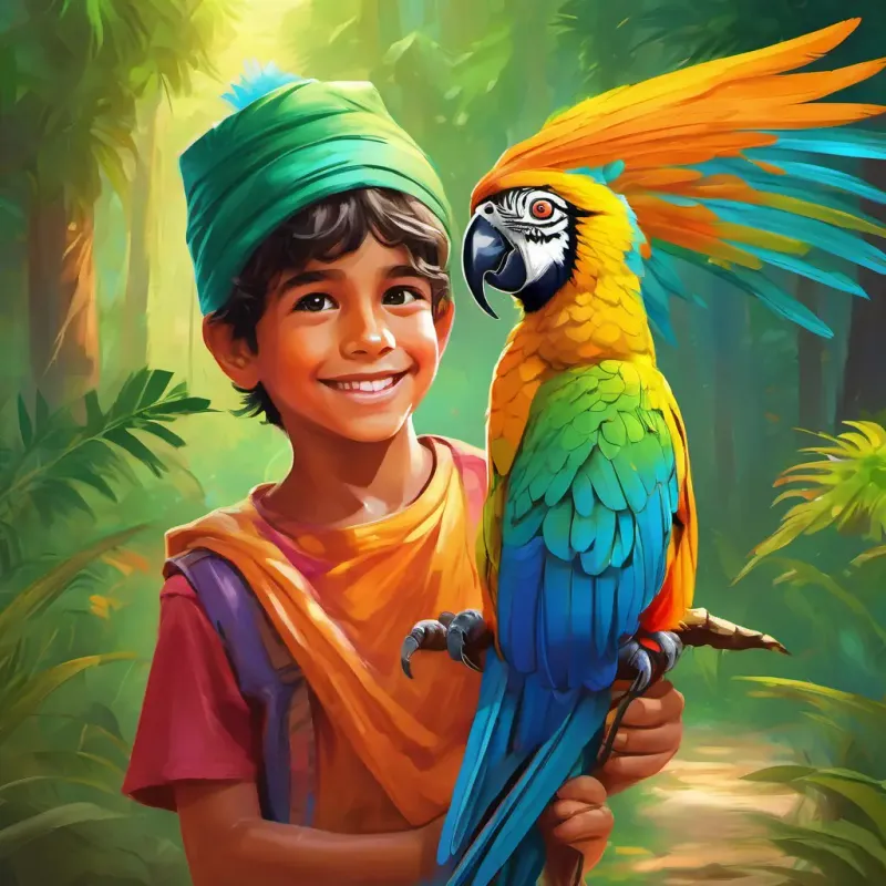 Young boy with a kind smile, bright eyes, and a colorful turban and Playful parrot with vibrant green feathers and bright, twinkling eyes's encounter with the tiger and their kind-hearted act of guiding it back to the forest, earning the gratitude of all.
