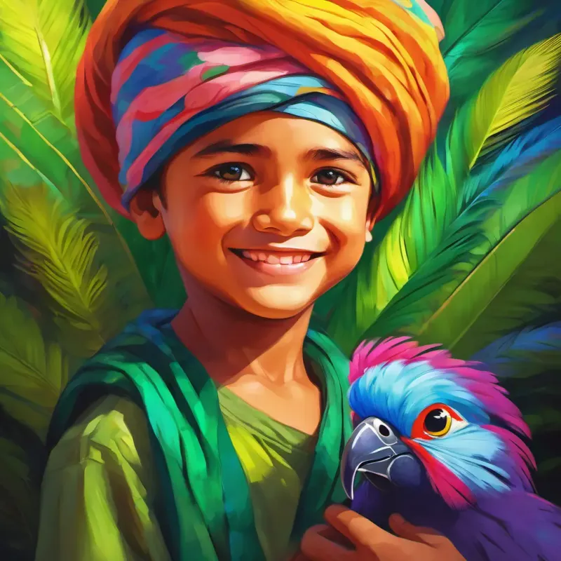 Young boy with a kind smile, bright eyes, and a colorful turban's realization of the importance of family and the heartwarming reunion with his worried parents and Playful parrot with vibrant green feathers and bright, twinkling eyes.