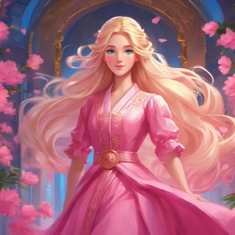 Introduction to Ruler of pink world, long blonde hair, blue eyes, wears a pink dress's pink world, governed by women.
