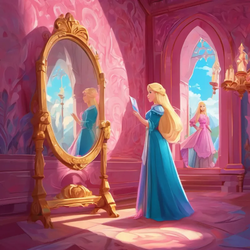 Ruler of pink world, long blonde hair, blue eyes, wears a pink dress finds a strange mirror in her palace.