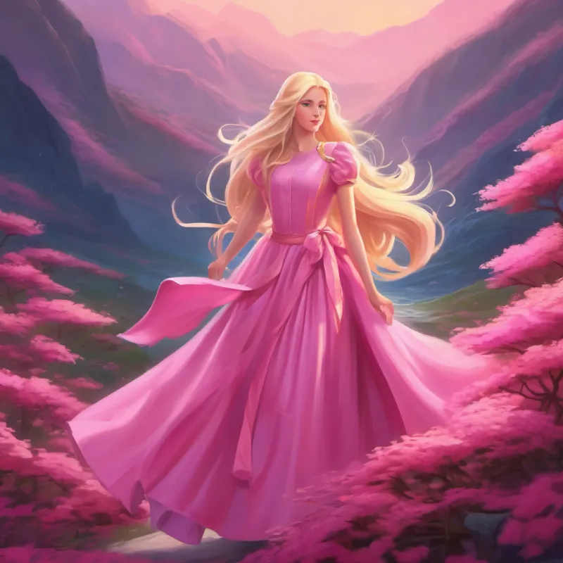 Ruler of pink world, long blonde hair, blue eyes, wears a pink dress returns to the pink world to share what she's learned.
