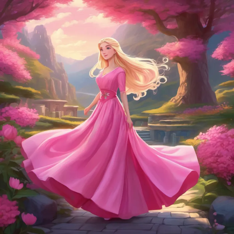 Ruler of pink world, long blonde hair, blue eyes, wears a pink dress's pink world embraces a full range of experiences.