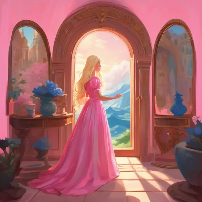 Ruler of pink world, long blonde hair, blue eyes, wears a pink dress touches the mirror and finds it's portal-like.