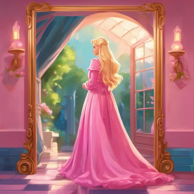 Ruler of pink world, long blonde hair, blue eyes, wears a pink dress steps through the mirror into the real world.