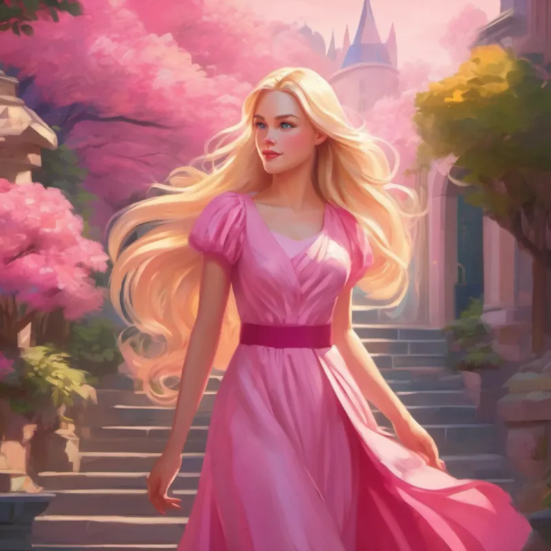Ruler of pink world, long blonde hair, blue eyes, wears a pink dress observes the diverse and bustling real world.