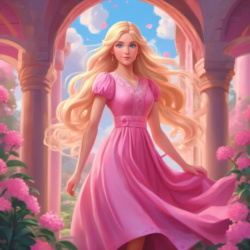 Ruler of pink world, long blonde hair, blue eyes, wears a pink dress realizes balance is missing from her pink world.