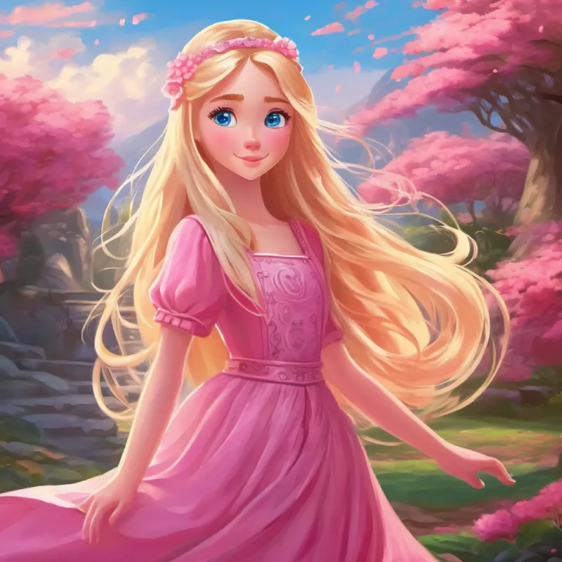 Ruler of pink world, long blonde hair, blue eyes, wears a pink dress experiences the full range of emotions in the real world.