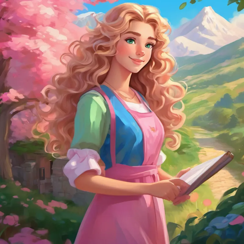 Mural painter, curly brown hair, green eyes, wears colorful clothes, the mural painter, befriends Ruler of pink world, long blonde hair, blue eyes, wears a pink dress.
