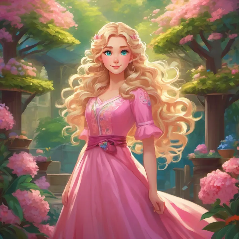 Ruler of pink world, long blonde hair, blue eyes, wears a pink dress and Mural painter, curly brown hair, green eyes, wears colorful clothes create a unifying mural.