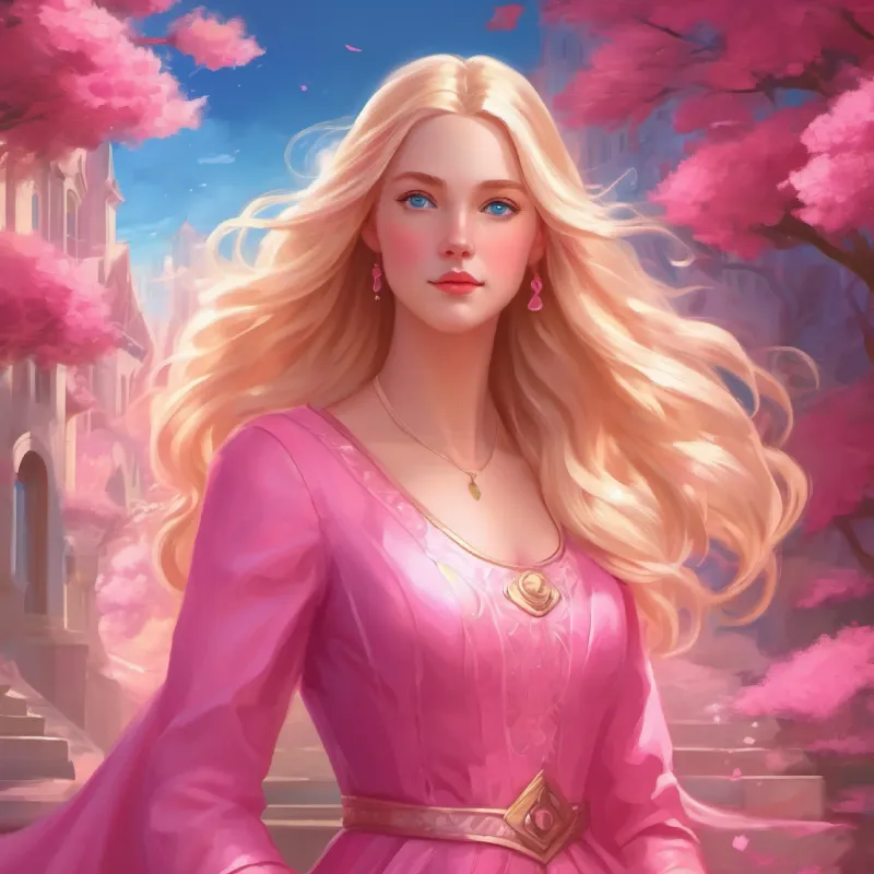 Ruler of pink world, long blonde hair, blue eyes, wears a pink dress realizes the need for all emotions in her pink world.