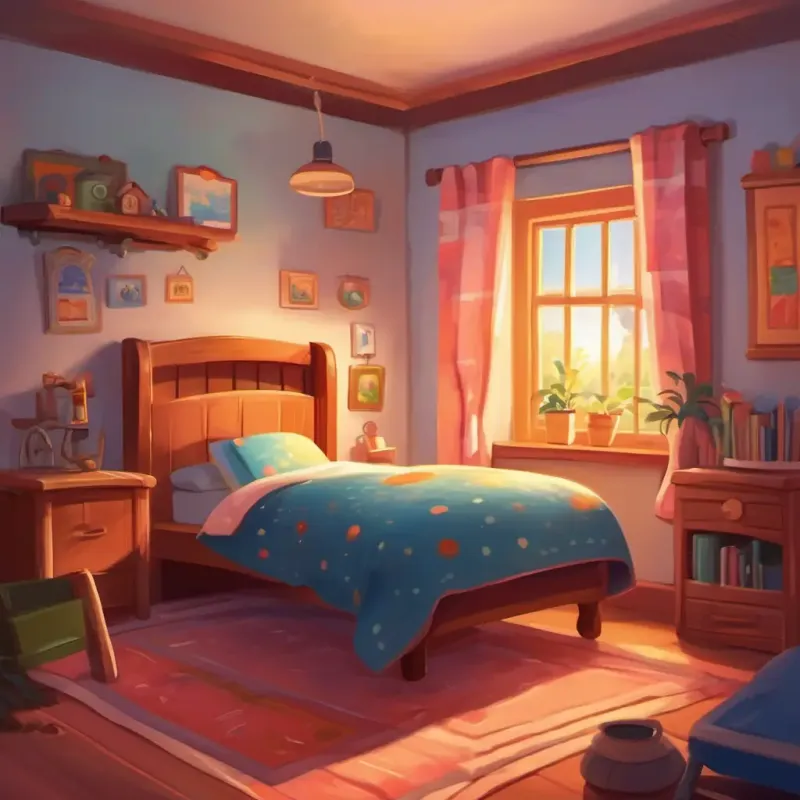 A cheerful boy with rosy cheeks and bright eyes's bedroom, A cheerful boy with rosy cheeks and bright eyes and his cozy house, bedtime
