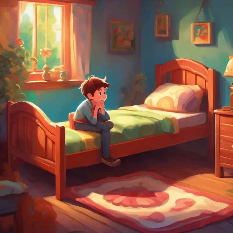 A cheerful boy with rosy cheeks and bright eyes's bed, feeling scared, asking about the monster