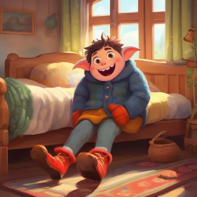 Under A cheerful boy with rosy cheeks and bright eyes's bed, A silly monster with big bulging eyes, wearing wooden shoes and wool gloves introduces himself, wearing wooden shoes and wool gloves