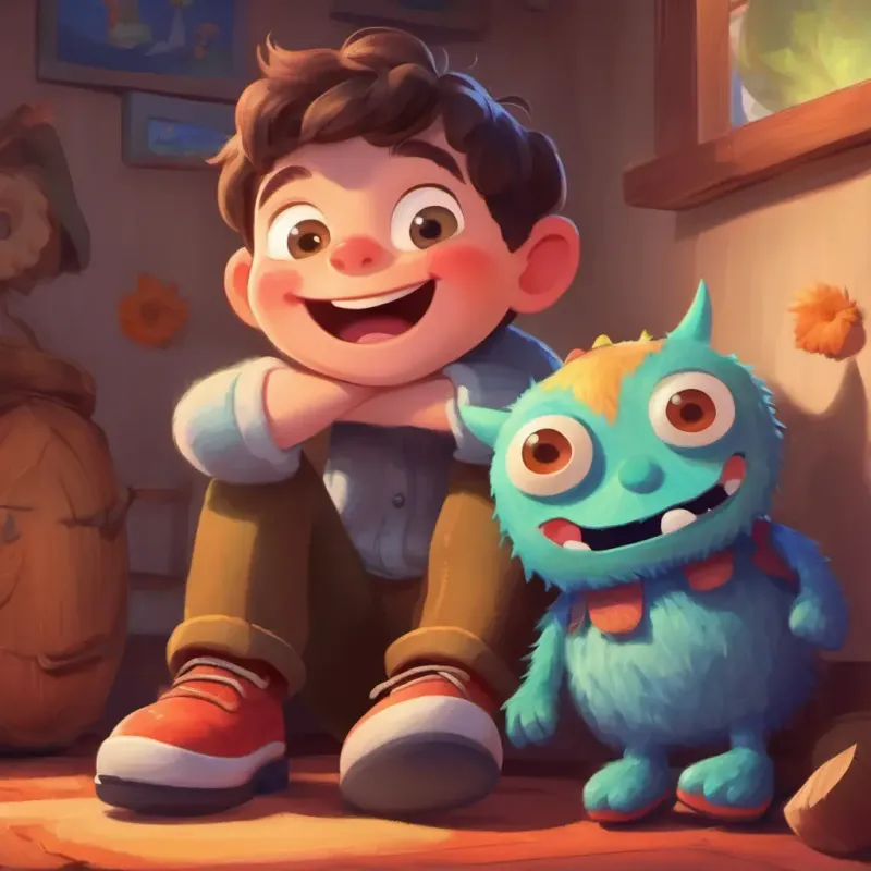 A cheerful boy with rosy cheeks and bright eyes falling asleep happily, feeling safe with A silly monster with big bulging eyes, wearing wooden shoes and wool gloves
