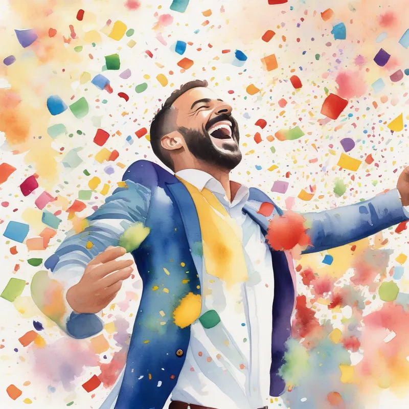 Francesco dancing happily, surrounded by colorful confetti