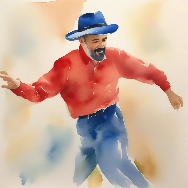Francesco's daddy dancing, wearing a blue hat and red shirt