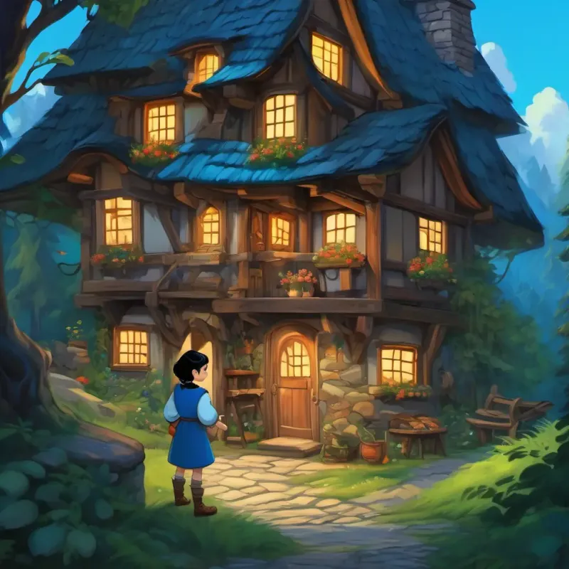 Fair skin, black hair, blue eyes meets the seven dwarfs in a small cottage in the forest