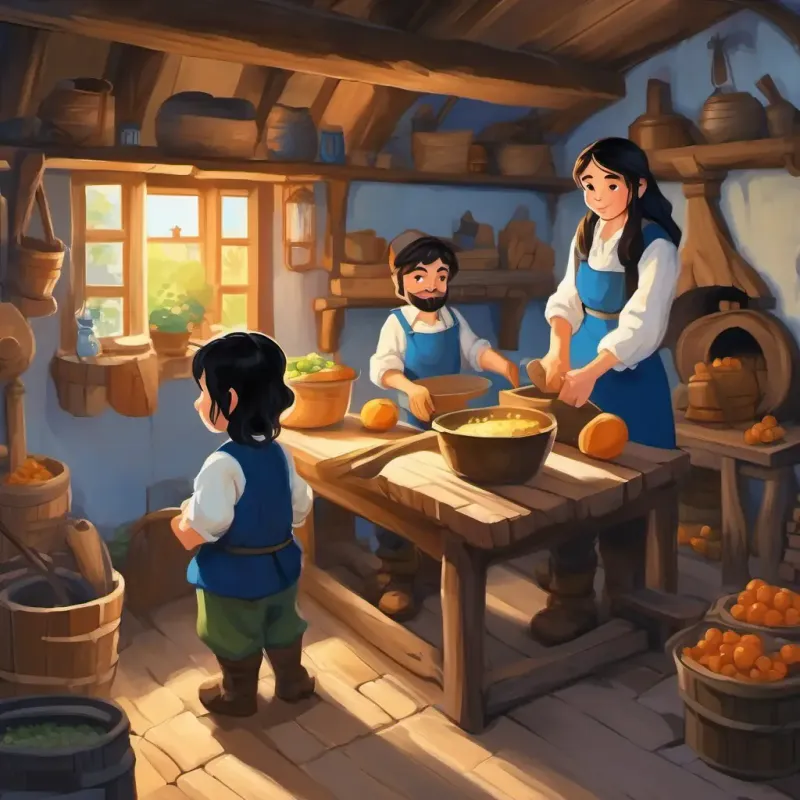 Fair skin, black hair, blue eyes helping the dwarfs with their chores in the cozy cottage