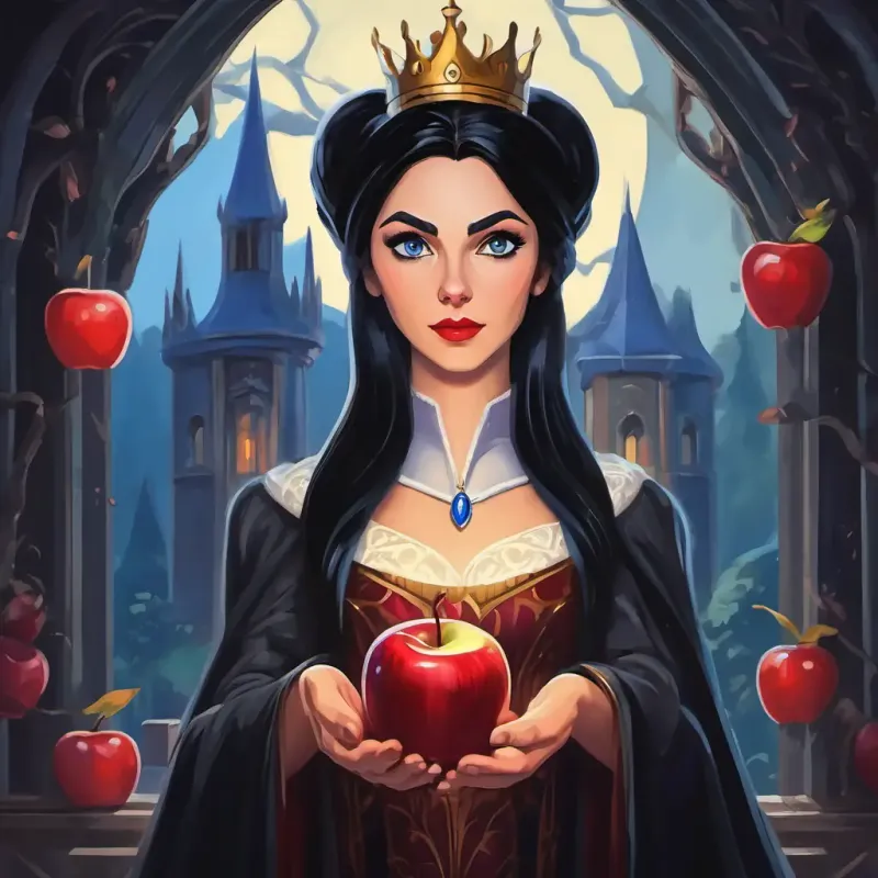 The evil queen offering Fair skin, black hair, blue eyes a poisoned apple