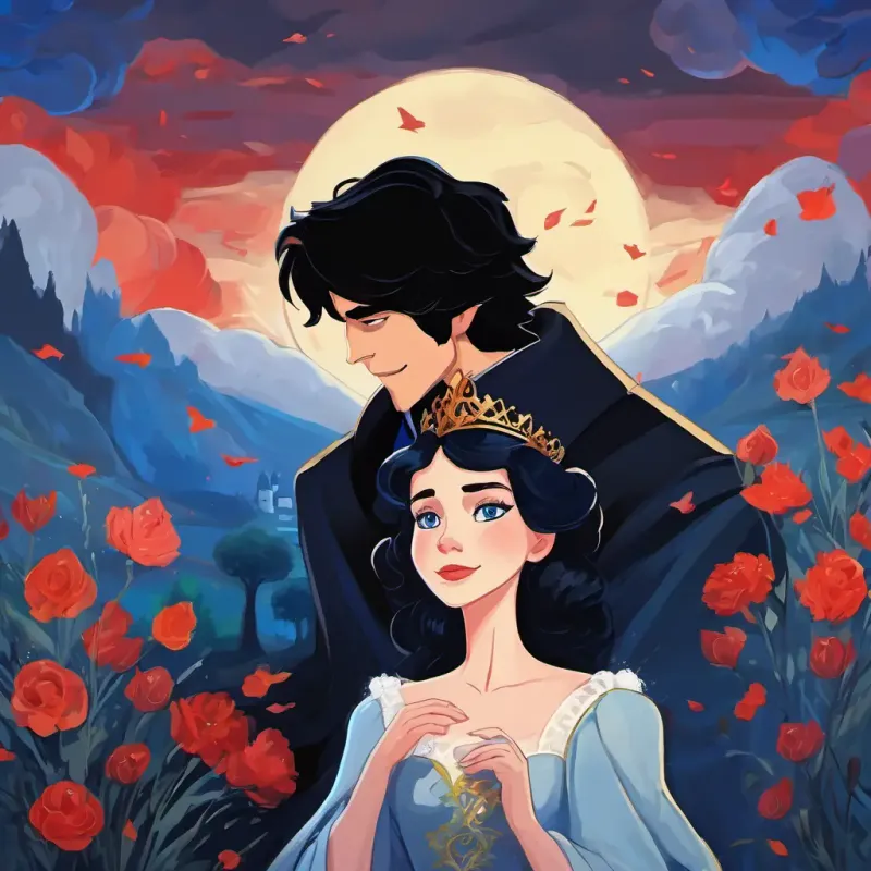 The prince kissing Fair skin, black hair, blue eyes, breaking the spell, evil queen's demise