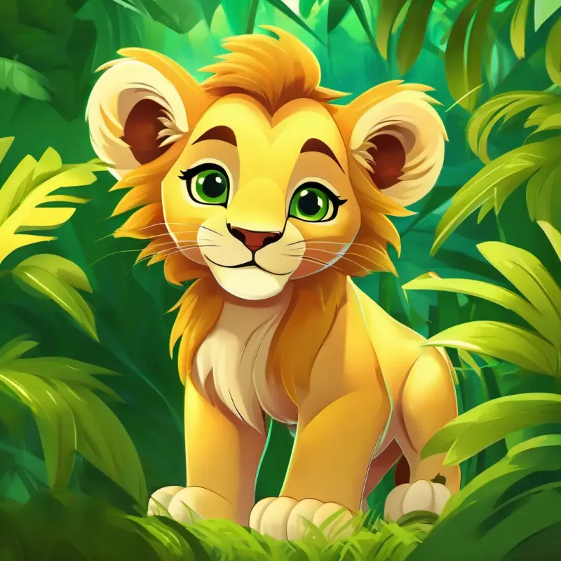 Jungle setting, Young lion cub, golden fur, bright green eyes the lion cub starting his adventure, sunny and green