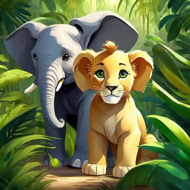 Young lion cub, golden fur, bright green eyes and Gentle elephant, gray skin, kind and wise eyes the elephant in the jungle, surrounded by vibrant foliage