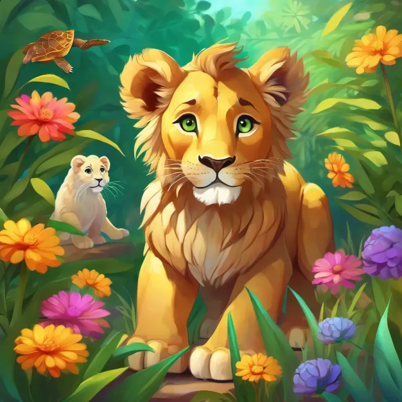 Young lion cub, golden fur, bright green eyes meets Old tortoise, olive shell, friendly and patient eyes the tortoise, surrounded by colorful flowers and greenery