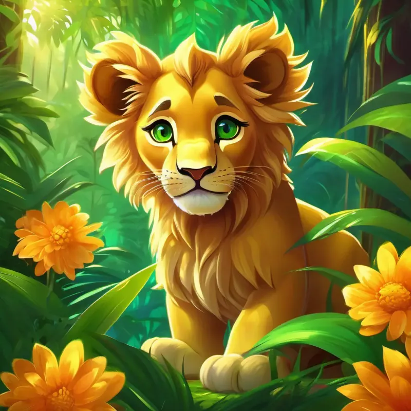 Young lion cub, golden fur, bright green eyes finds the magical flower, vibrant and glowing in the jungle's heart