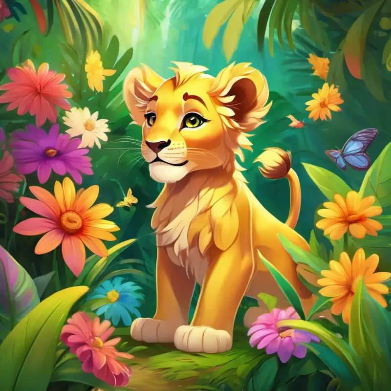 Young lion cub, golden fur, bright green eyes and friends celebrate in the joyful jungle clearing, surrounded by colorful flowers