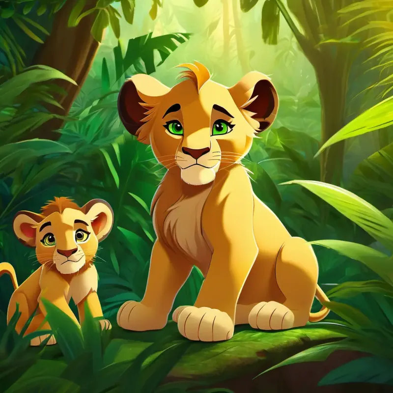 Young lion cub, golden fur, bright green eyes as the new lion king, surrounded by admiring animals in the lush jungle