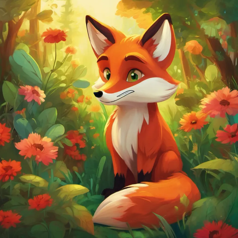 The garden loses colors; Clever fox with fiery red fur and sparkly green eyes and Big, gentle bear with shaggy brown fur and warm brown eyes are concerned.