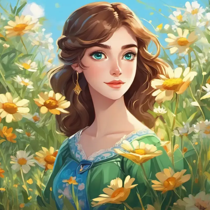 The story begins in a beautiful meadow with colorful flowers and a clear blue sky. Fair skin, blue eyes, wears a colorful dress has fair skin and blue eyes, Olive skin, brown eyes, wears a flowy skirt has olive skin and brown eyes, and Pale skin, green eyes, wears a leather jacket has pale skin and green eyes.
