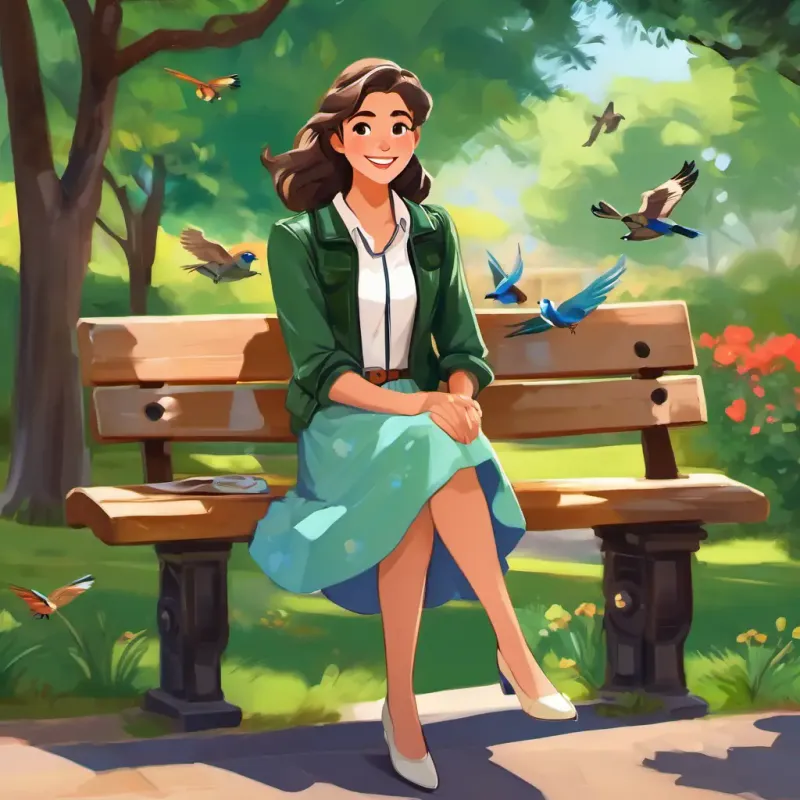 Fair skin, blue eyes, wears a colorful dress is sitting on a bench in a park, surrounded by trees and birds. Olive skin, brown eyes, wears a flowy skirt and Pale skin, green eyes, wears a leather jacket are standing next to her, smiling and laughing.