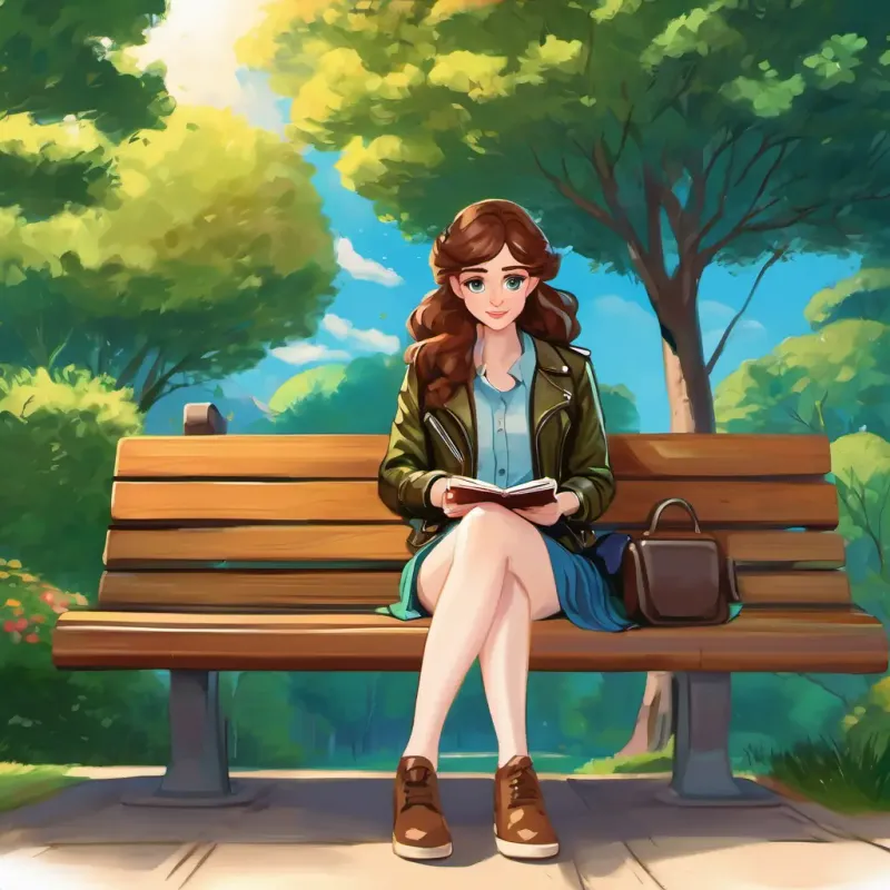 Pale skin, green eyes, wears a leather jacket is sitting on a park bench, holding a notebook and pen. Fair skin, blue eyes, wears a colorful dress and Olive skin, brown eyes, wears a flowy skirt are sitting next to them, offering support and understanding.