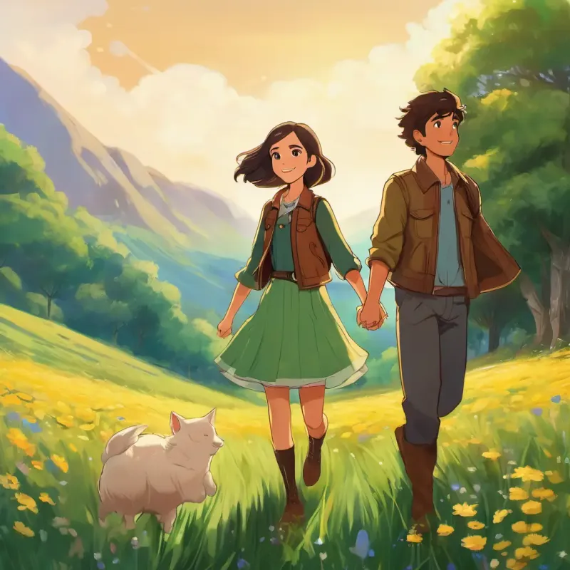 Fair skin, blue eyes, wears a colorful dress, Olive skin, brown eyes, wears a flowy skirt, and Pale skin, green eyes, wears a leather jacket are standing together, holding hands and smiling. The meadow from the beginning of the story is in the background, symbolizing their friendship.