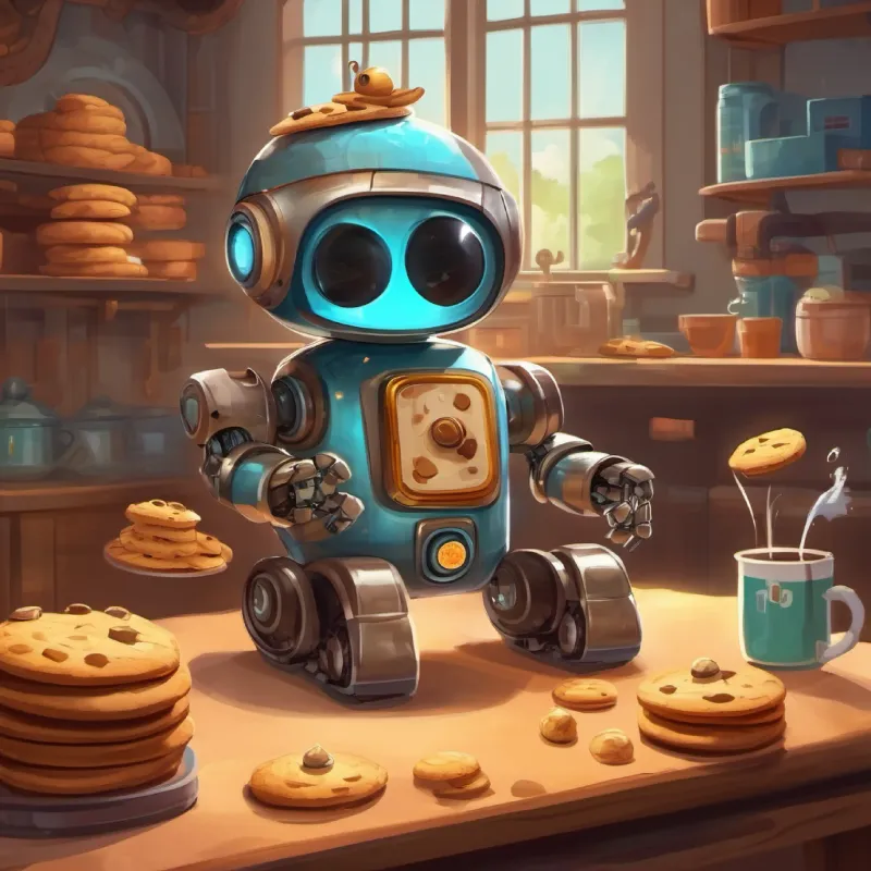 Introduction, A smart and friendly robot detective with shiny wheels and a robotic arm's awakening, and the mystery of the missing cookies.