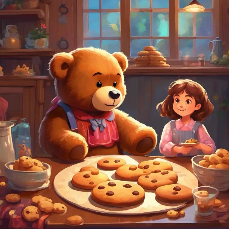 The mystery is solved; the daughter and Cuddly teddy bear with one missing button and a mischievous grin took the cookies for a party.