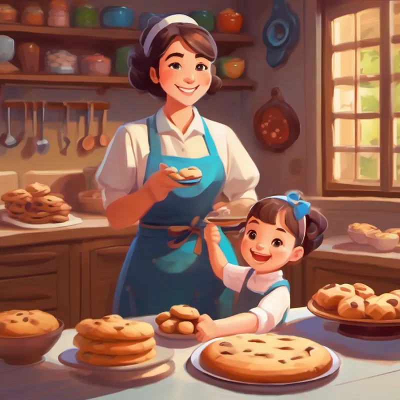 Resolution and cookie celebration with Kind lady with a love for baking, friendly eyes and a warm smile, her daughter, and Byte.