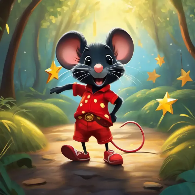 Cheerful mouse, black fur, wearing red shorts discovers a gold star in Disney, setting the adventure.