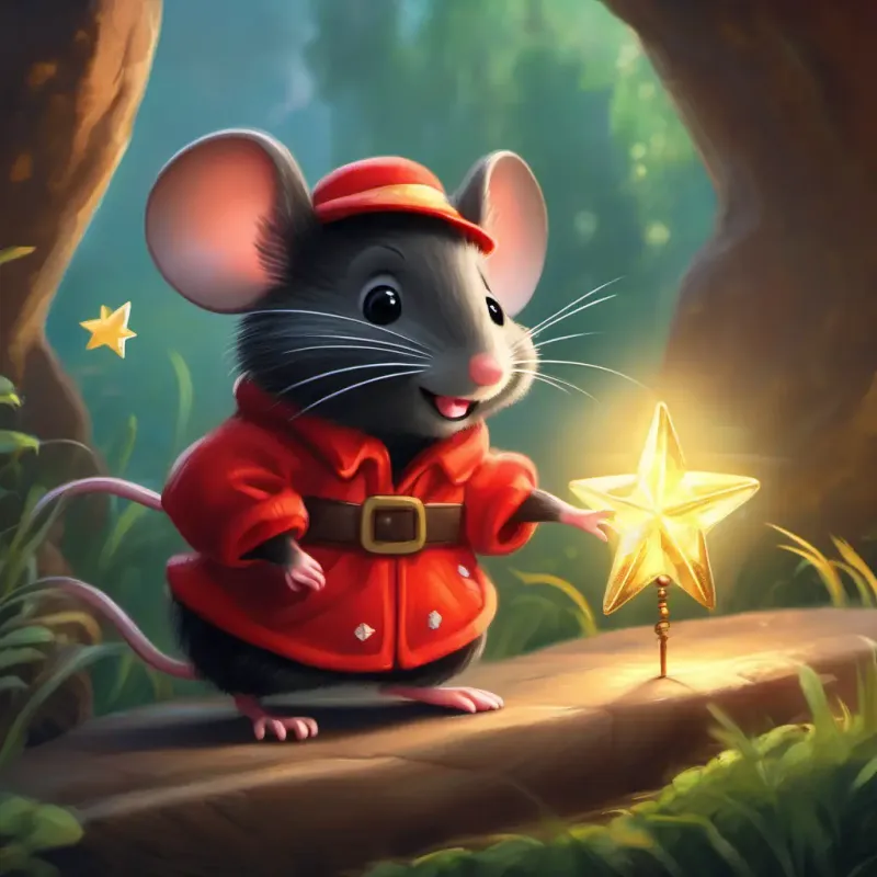 Cheerful mouse, black fur, wearing red shorts learns about the Wish Star, introduction to wishing.