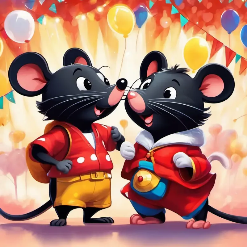 Friends show appreciation for Cheerful mouse, black fur, wearing red shorts with a party, gratitude theme.