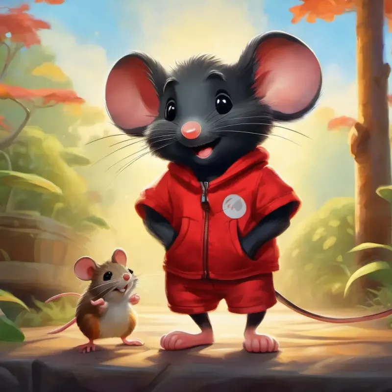 Cheerful mouse, black fur, wearing red shorts reflects on his wish, the joy of his friends' happiness.