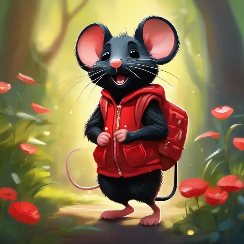 Cheerful mouse, black fur, wearing red shorts makes a selfless wish, showing kindness.