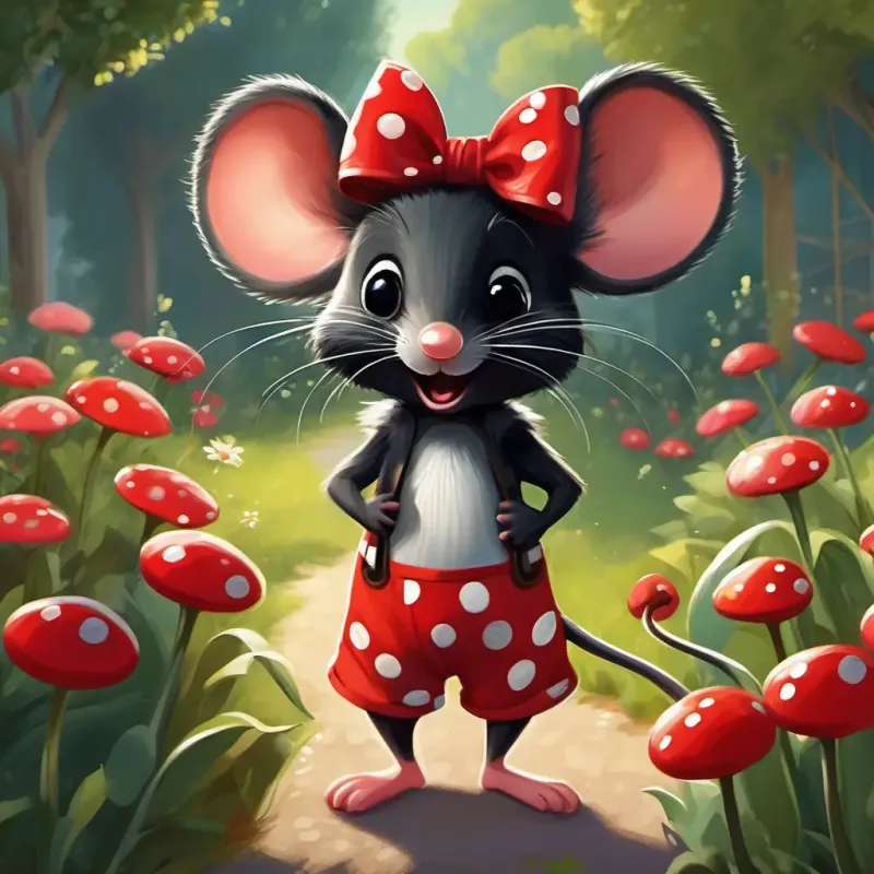 Cheerful mouse, black fur, wearing red shorts begins by helping Elegant mouse, polka-dotted dress, bow on head's garden, showing concern.