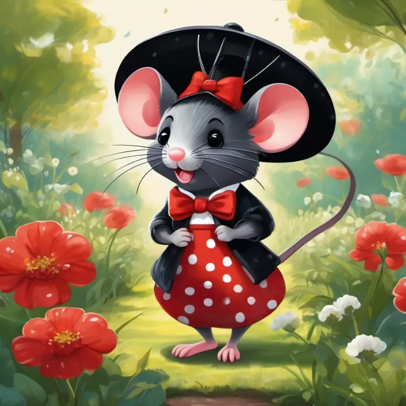 Elegant mouse, polka-dotted dress, bow on head's garden is watered, Cheerful mouse, black fur, wearing red shorts helps without recognition.
