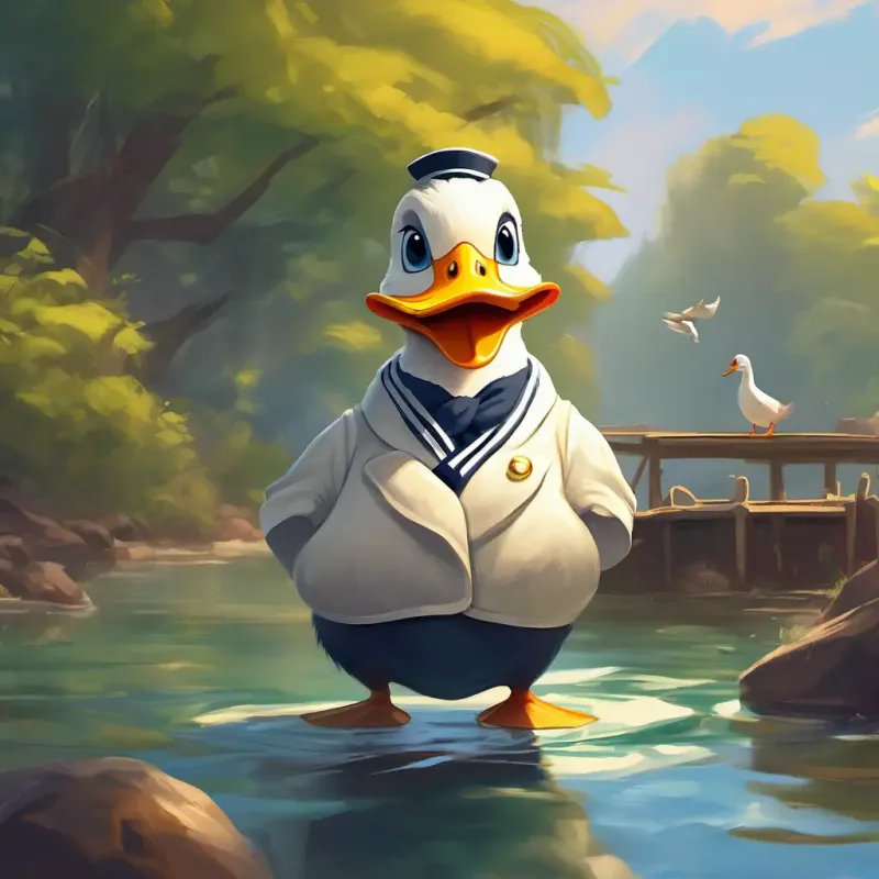 Encounter with Feisty duck, sailor shirt, no pants, often grumpy, showcasing a problem.