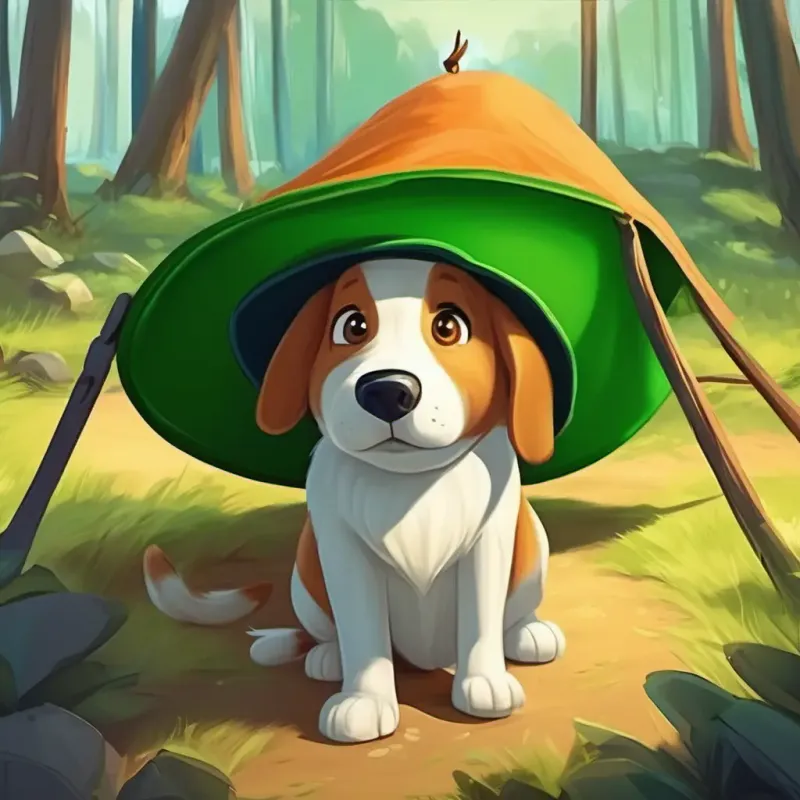 Clumsy dog, tall, floppy ears, green hat faces a challenge with his tent.