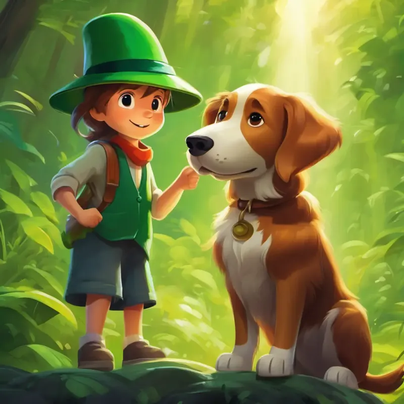 Magic helps Clumsy dog, tall, floppy ears, green hat, mystery and teamwork is presented.