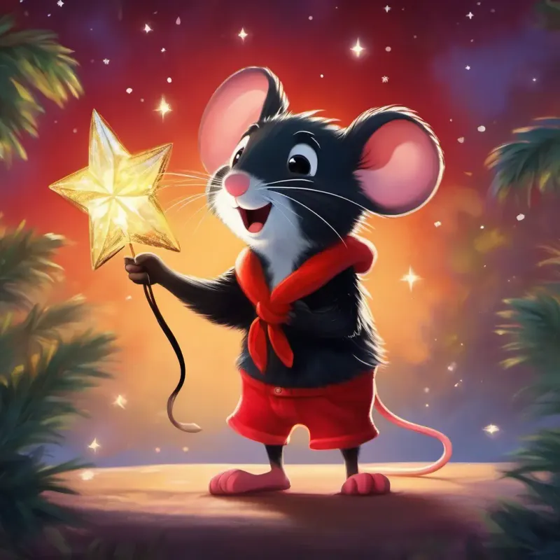 Resolution as Cheerful mouse, black fur, wearing red shorts feels joy from giving, wraps up the Wish Star.